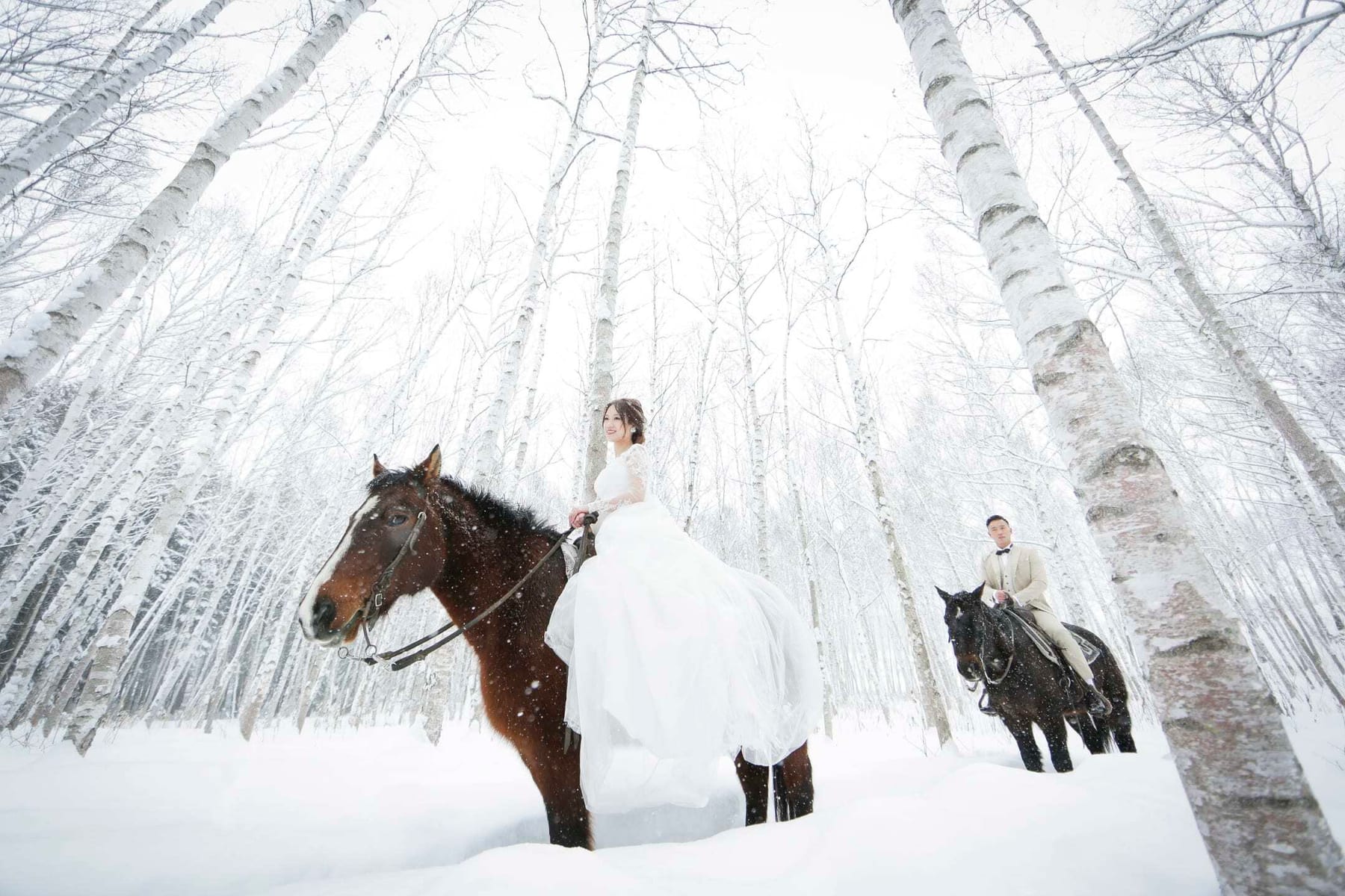 A bride and groom riding horses through a snowy birch forest in Hakuba