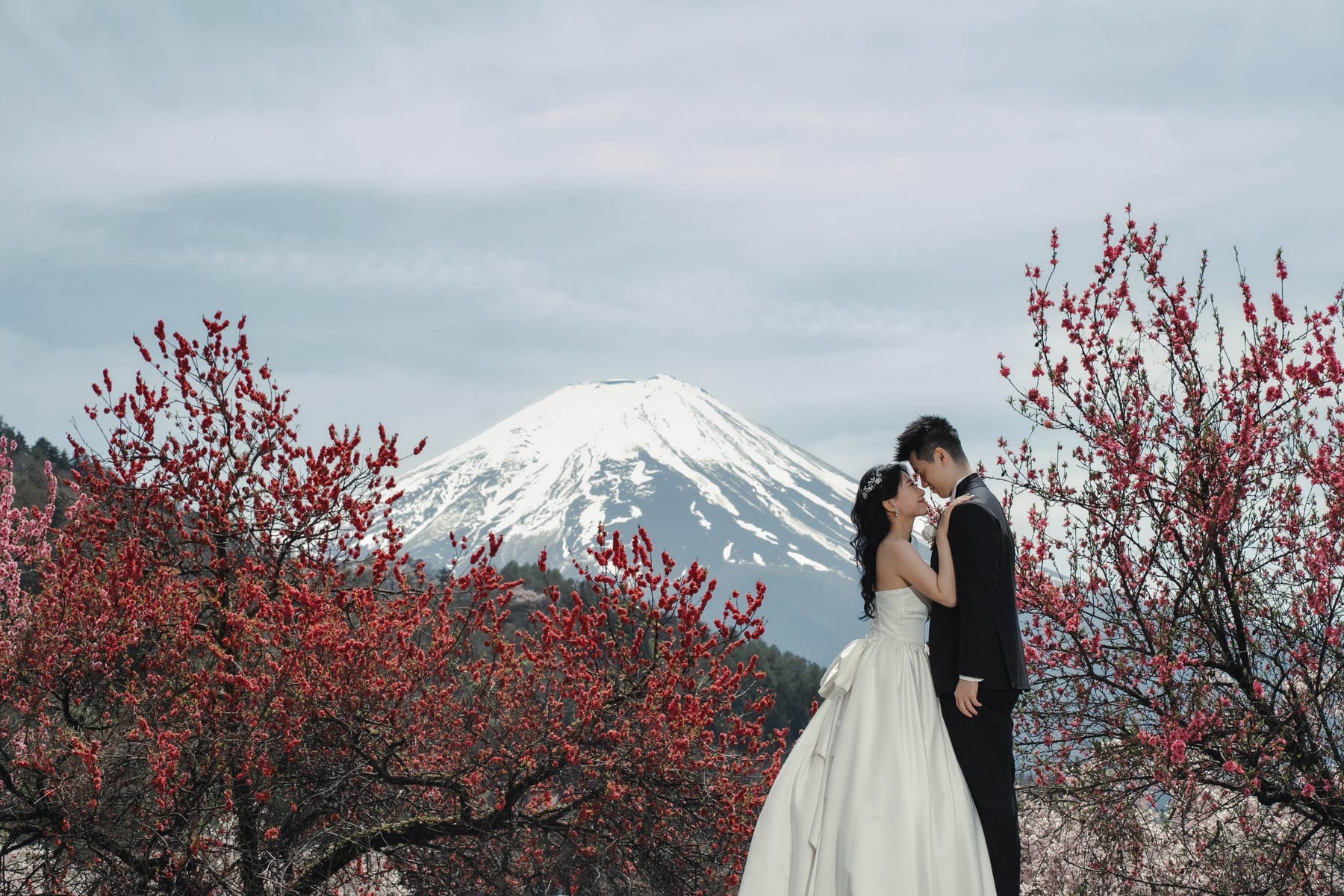 A bride and groom standing among red blossoms with Mount Fuji behind them