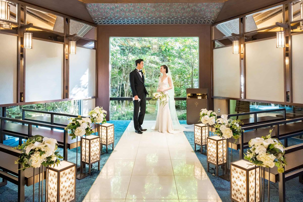 A couple in the garden-facing chapel