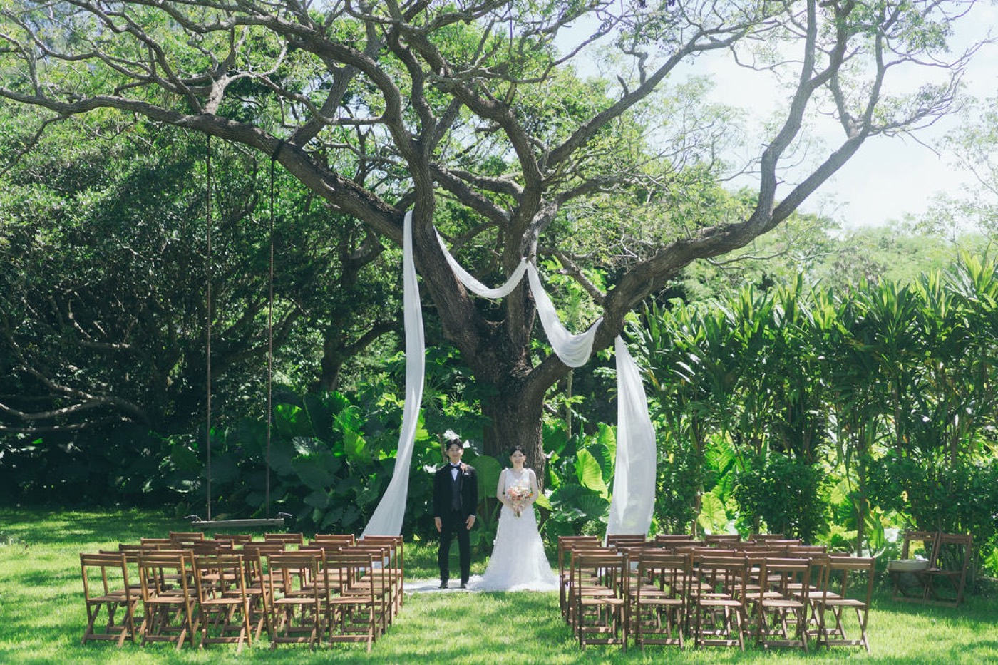 A couple standing at an outdoor ceremony beneath a large hortonoki tree