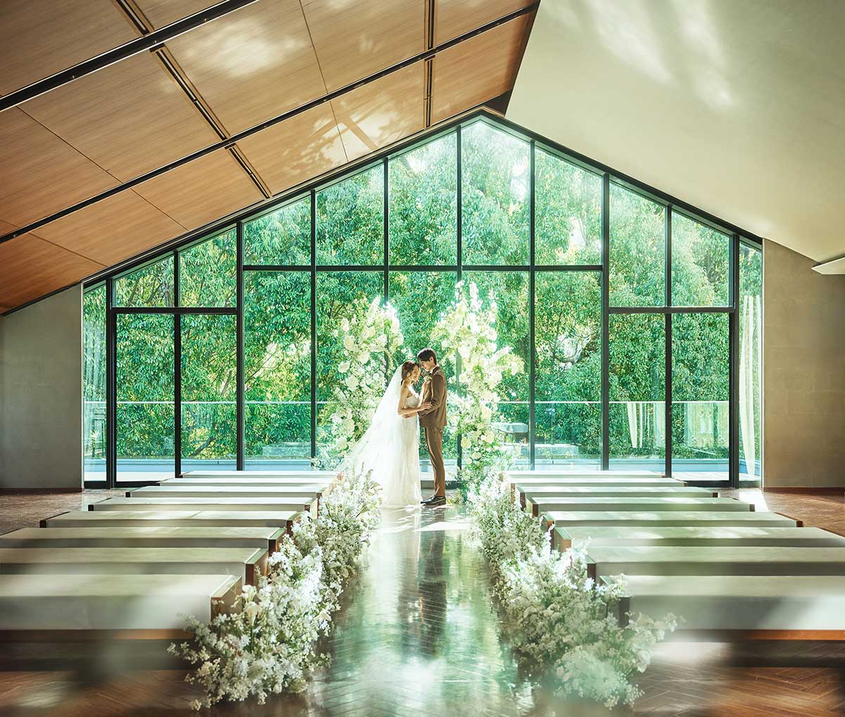 A wedding ceremony inside the light-filled chapel