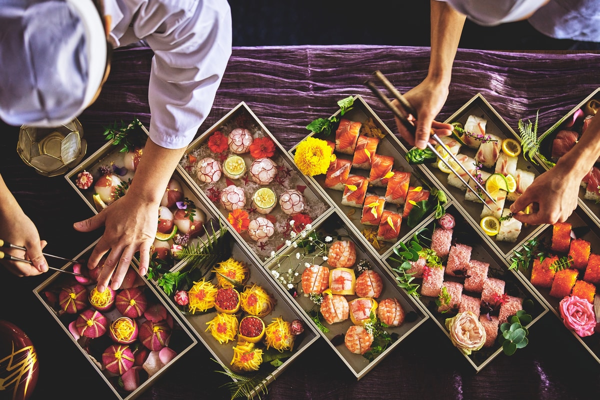 An assortment of colorful Japanese wedding dishes