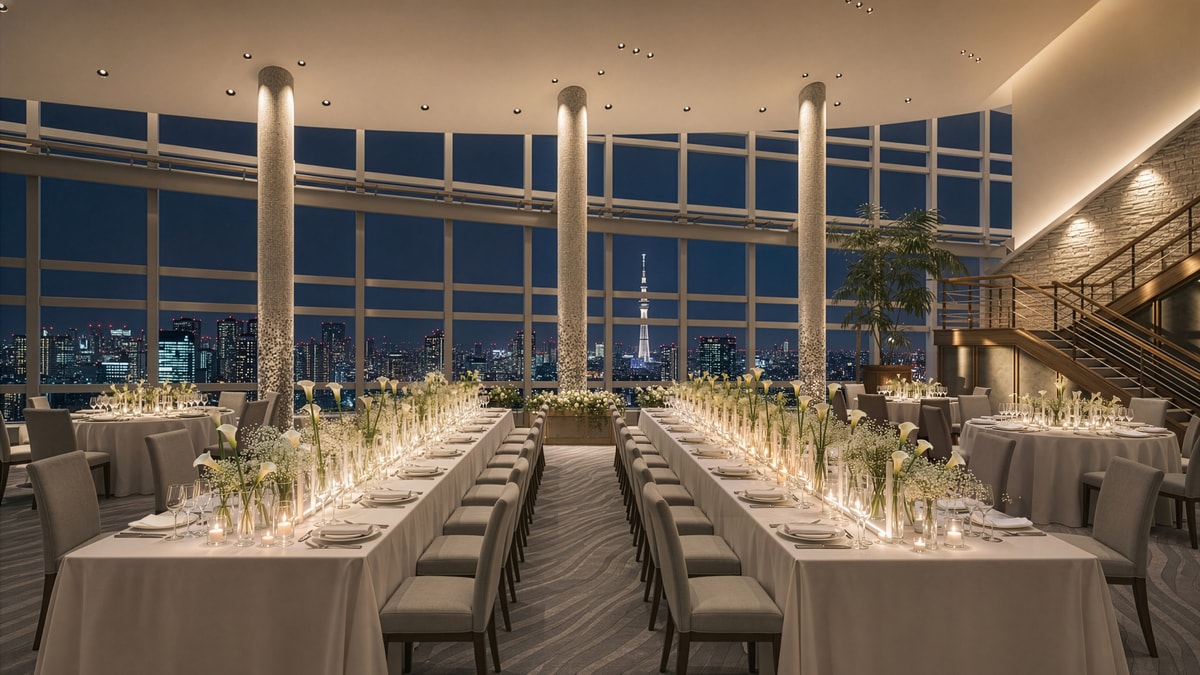 A candlelit reception with the Tokyo skyline at night