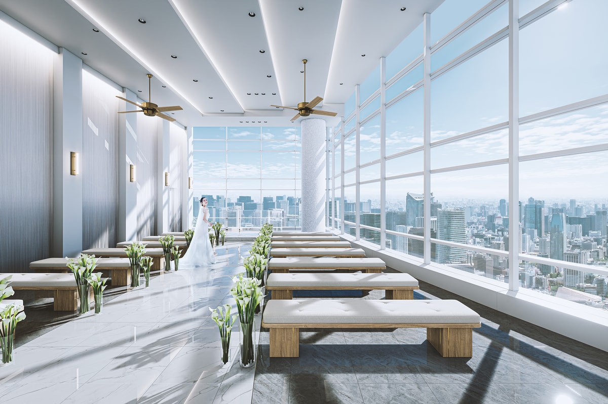 A sky chapel with floor-to-ceiling windows overlooking Tokyo