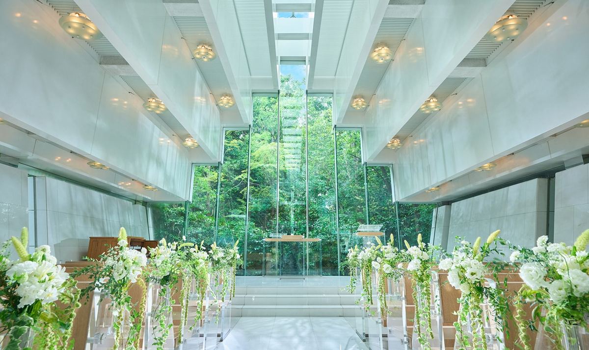 The light-filled Chapel of the Woods overlooking greenery