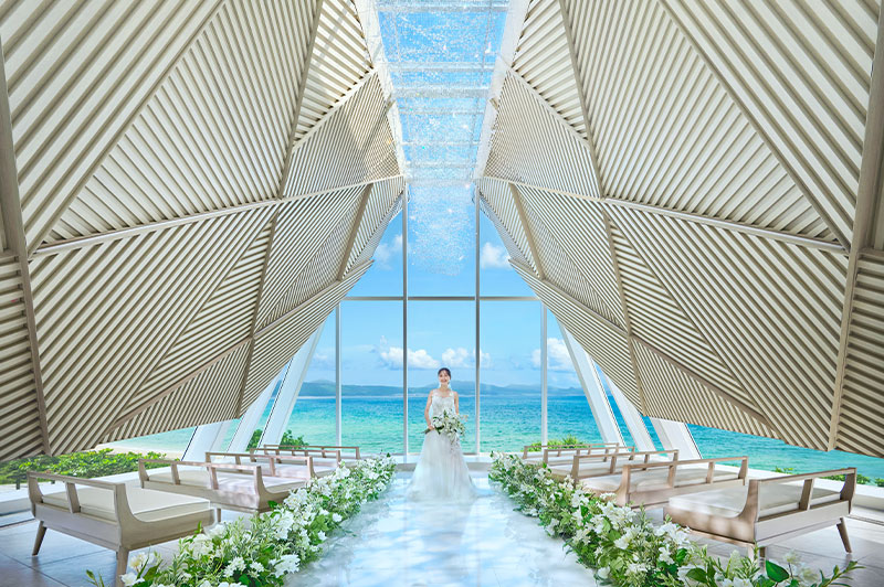 A bride in the oceanfront chapel at THE SURF BEACHSIDE TERRACE